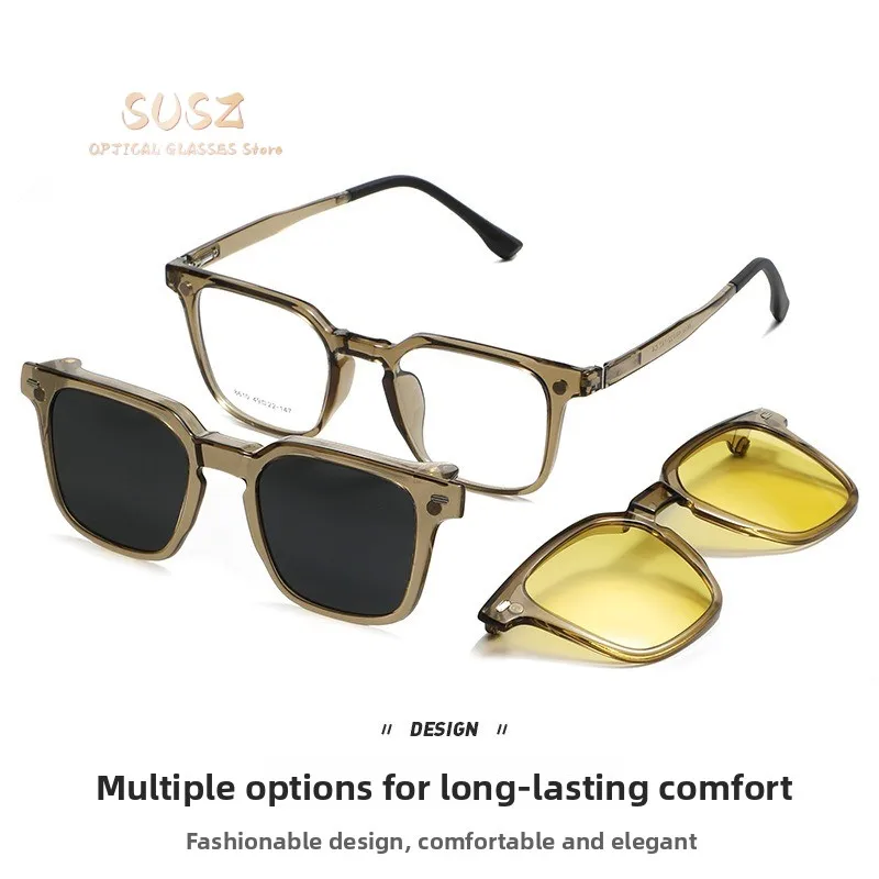 SUSZ Comfortable3 In 1 Square Men Driving Safety Polarized Sunglasses Magnet Clip On Myopia Optical Prescription Reading Glasses