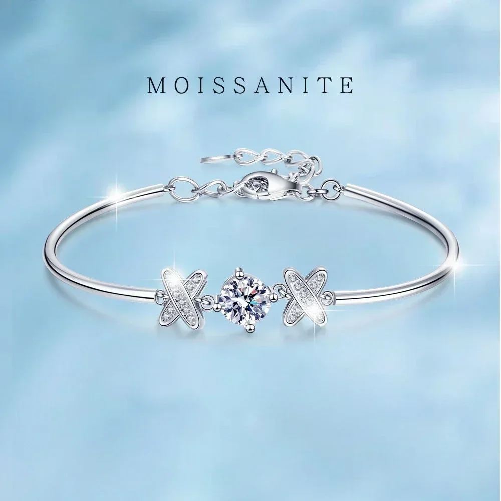 Luxury PT950 Platinum Two X Letters 1ct Mosanite Diamond Bracelet for Women, Certificate Bracelet for Girlfriend Birthday Gift