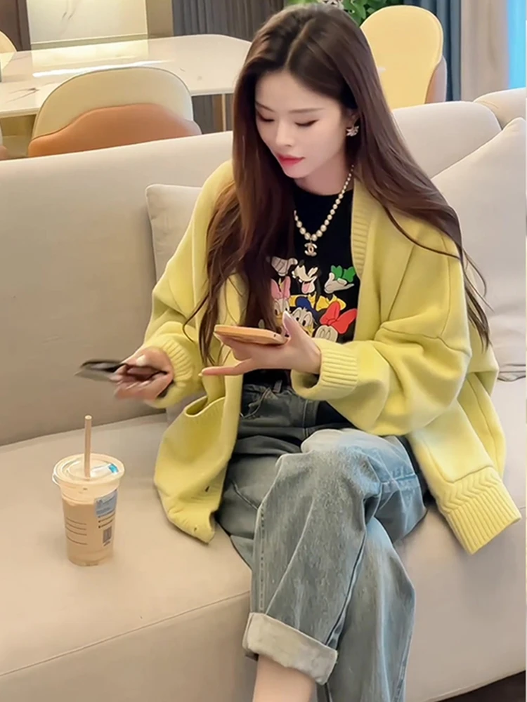 

Spring Autumn Women's Knitted ort Cardigan Sweater Yellow Top V-ne Commute Sle Faion Sensation Early Autumn New Arrival