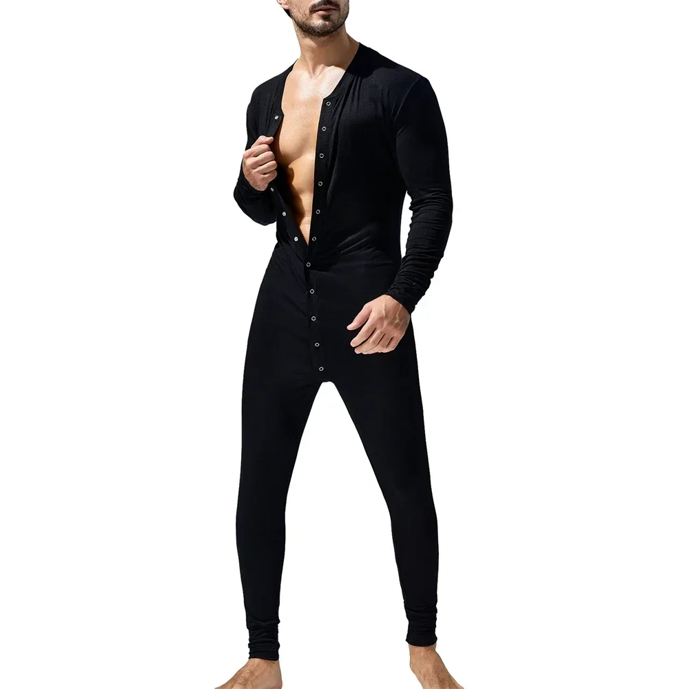 Men's Long Sleeve Sleepwear Undershirts Sexy Button Open Crotch Causal Jumpsuits Wrestle Singlet Bodysuits Leotards Home Pajamas