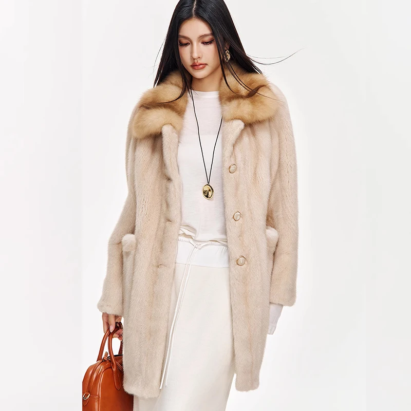 Ftangaiur New Winter Import Velvet Mink Fur Coat Sable Turn-Down Collar Mink Coat Women Medium Natural Real Mink Fur Coats