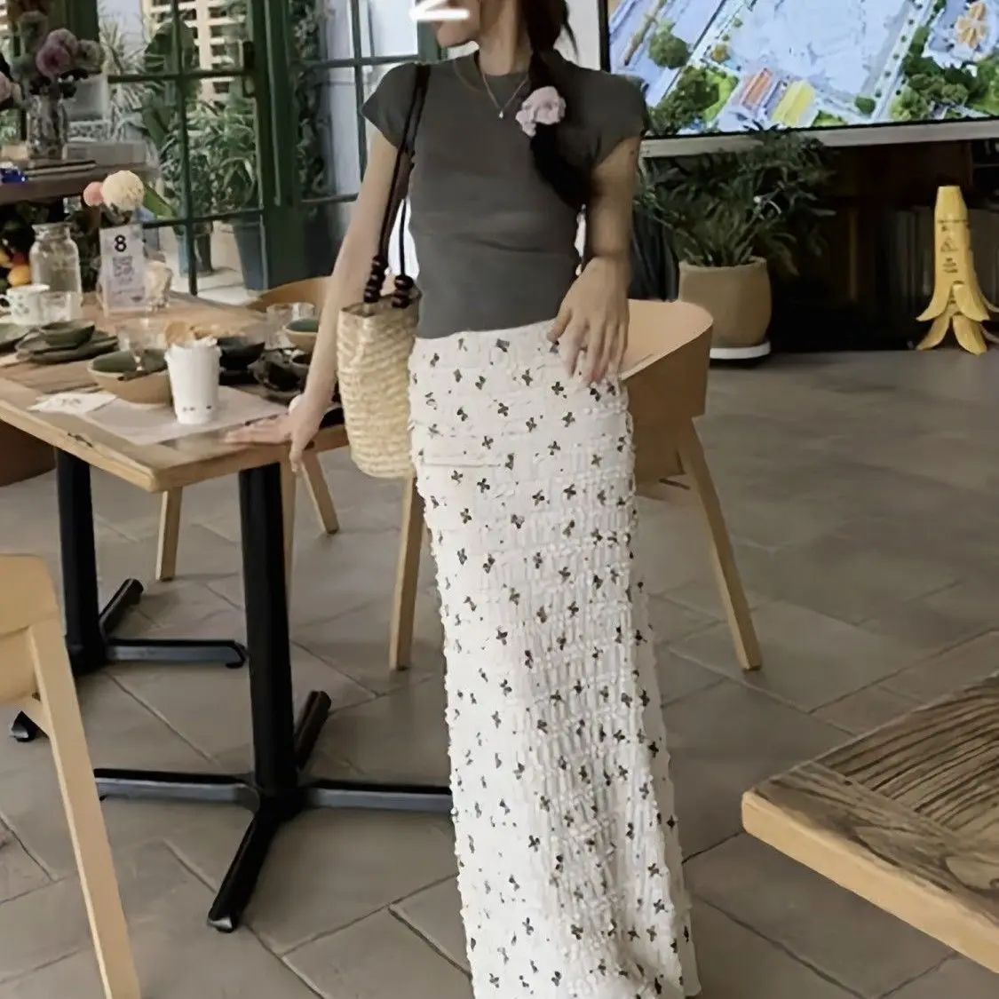 

Новая летняя корейская юбка-русалка с узловым принтом и кружевом, с цветочным узором, длинная, стройнящая, в стиле Pure Desire