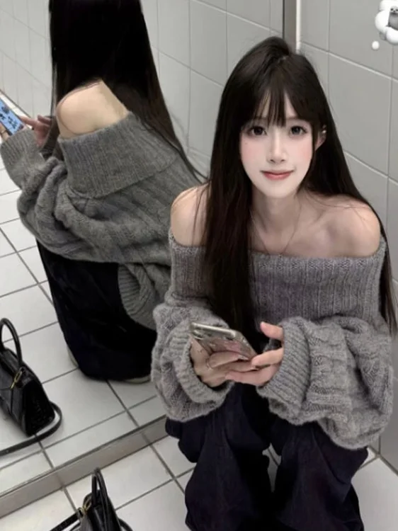 

Изысканный свободный вязаный топ Laid-ba Sle на одно плечо, корейский высококачественный модный лонгслив, весна 2026