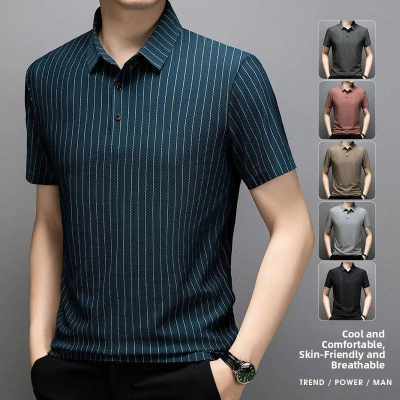 

Ice Silk Short Sleeve Shirt Striped Casual Business Dad Clothes Turn Collar T Shirt Standard Fit Home Wear Summer Thin