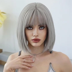 女性用ナチュラルヘアウィッグ,フリンジ付きショートストレートレミーヘア,シルバーグレー,日常使用,12インチ