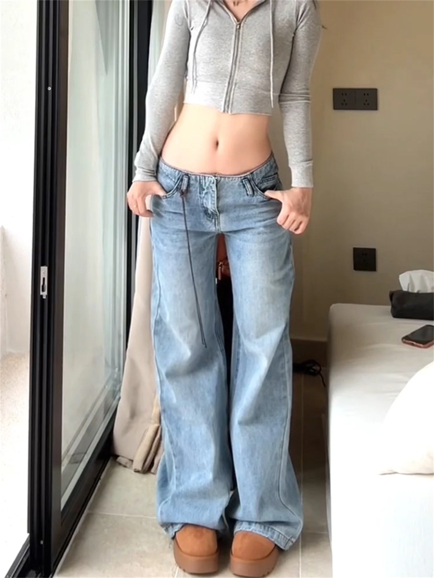 

Женские светло-голубые джинсы оверсайз с широкими штанинами, на шнурке, винтажная стирка, повседневный уличный стиль, женские брюки