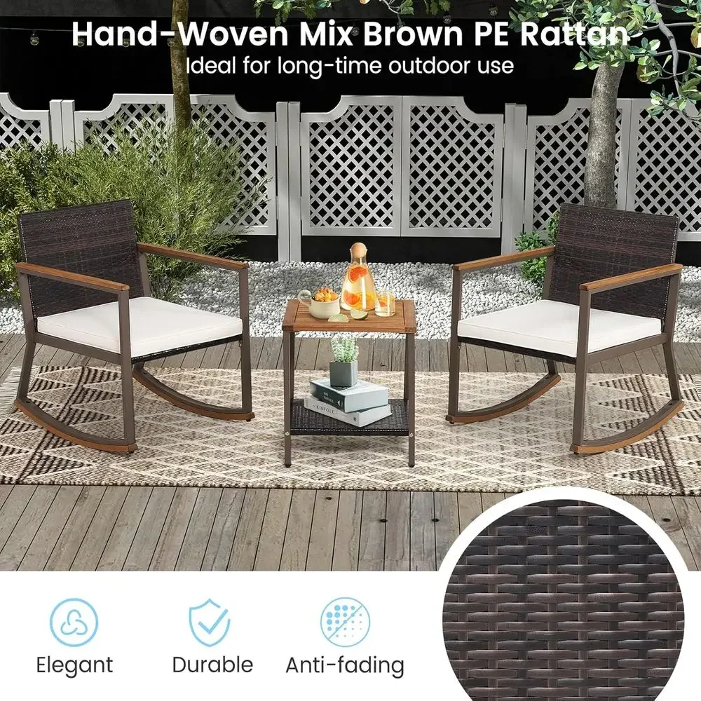 3-Piece Outdoor Wicker Rocking Chair Set with Coffee Table and Cushions for Patio, Balcony, Porch, and Backyard (White)