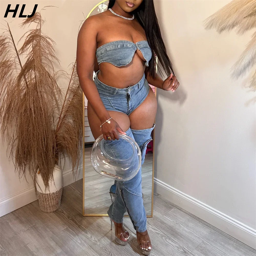 HLJ Sexy Denim Sleveless Hollow Out 2 Piece Sets Outfit Women Bikini Tops and Cargo Jean Pants Suits 2024 Y2K Cowboy Streetwear