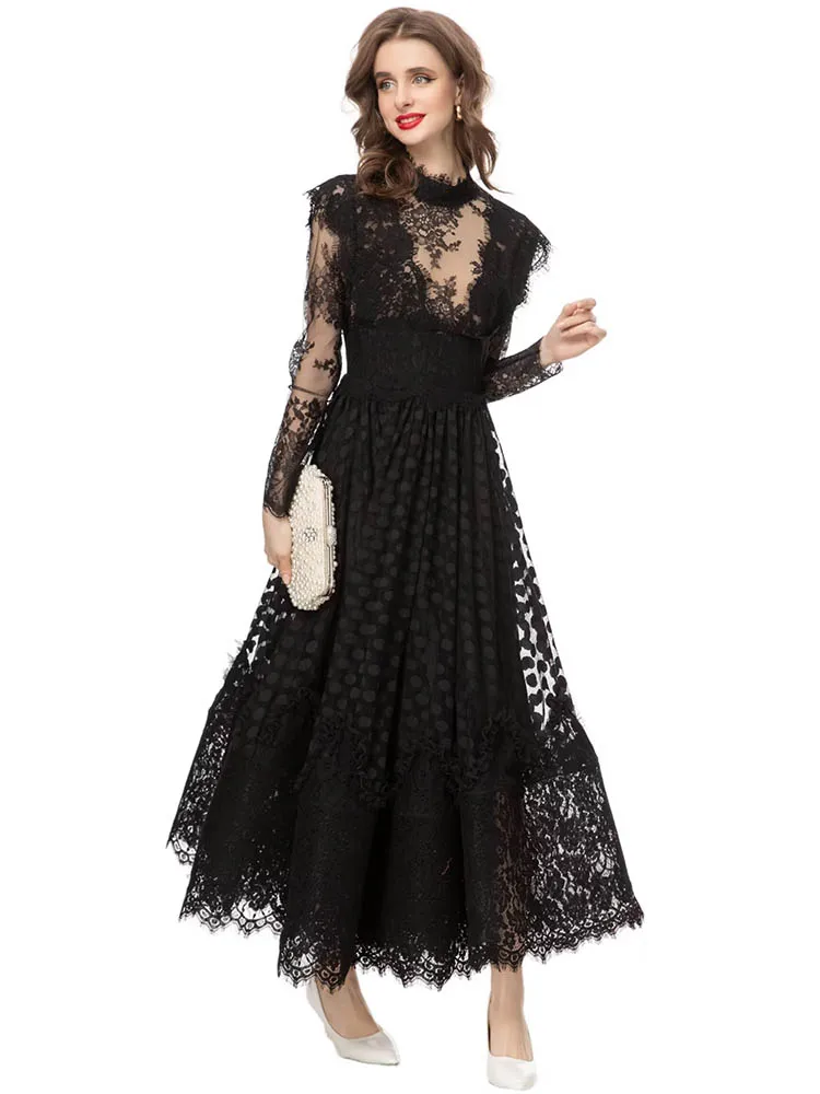 Women\'s Long Sleeve Patchwork Lace Evening Dress, Runway  Black Color, Stand Collar, High Street Slims, Party, Autumn Fashion