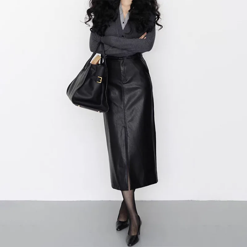 Women's Genuine Leather Skirt High Waist A-Line Mid-Length with Front Slit And Elastic Back Waist French Elegant Sheepskin Skirt