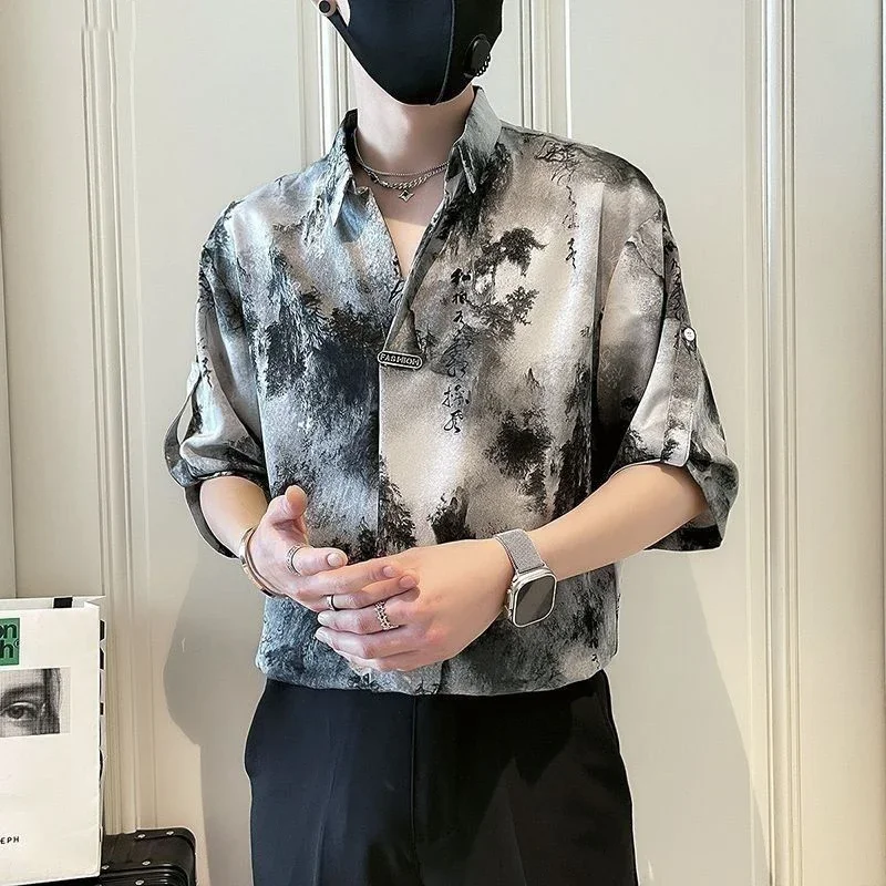 LIBIELIY Fashion O-Neck Spliced Printed Vintage Shirts Men's Clothing 2025 Summer New Loose Casual Tops All-match Shirts