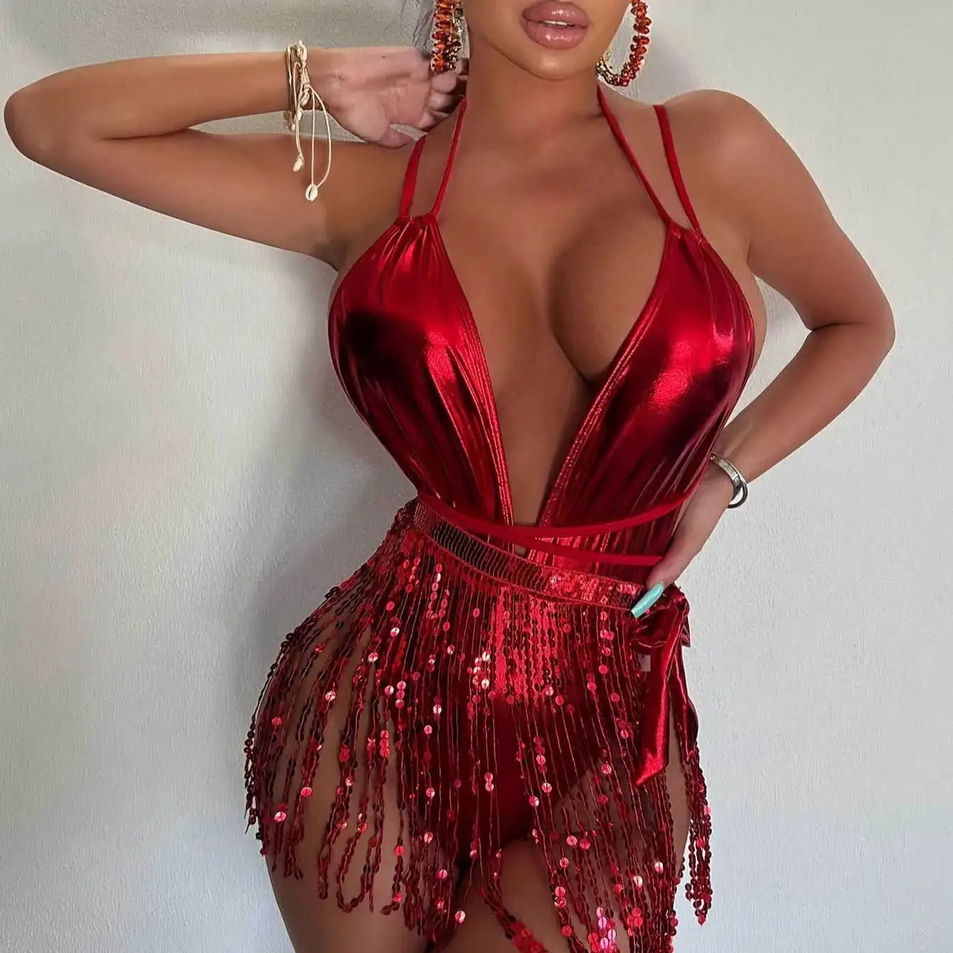 

DEKA V Neck Tassel One Piece Swimsuit Women Sexy Backless Swimwear Sequins Fringe Shiny High Waist Bikini Beach Bathing Suit