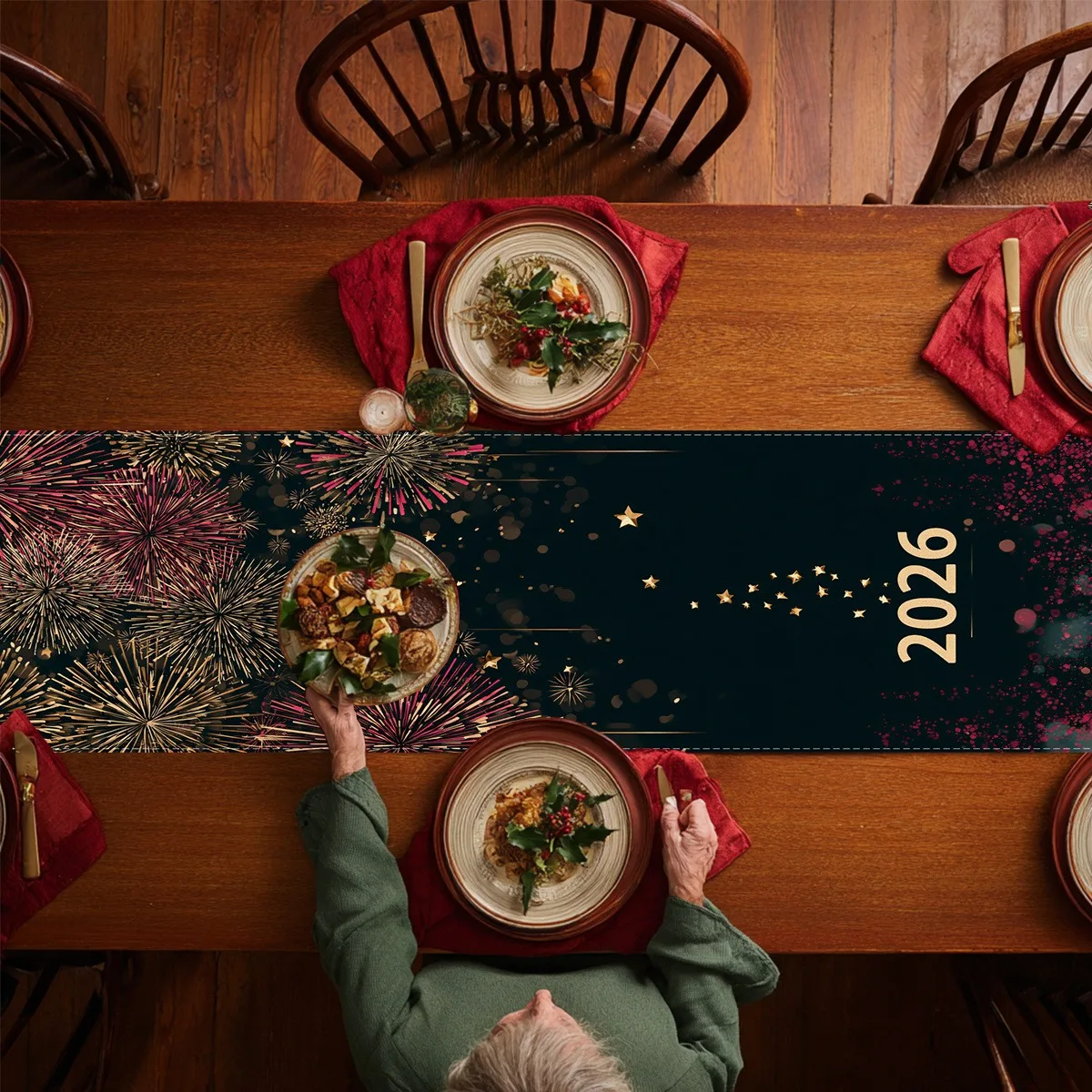 1 قطعة الجدول عداء أحجام متعددة 2D طباعة عيد الحب 2026 ليلة مليئة بالنجوم الألعاب النارية الذهب البريق فو الكتان داخلي ديكور للطاولات هدية #4