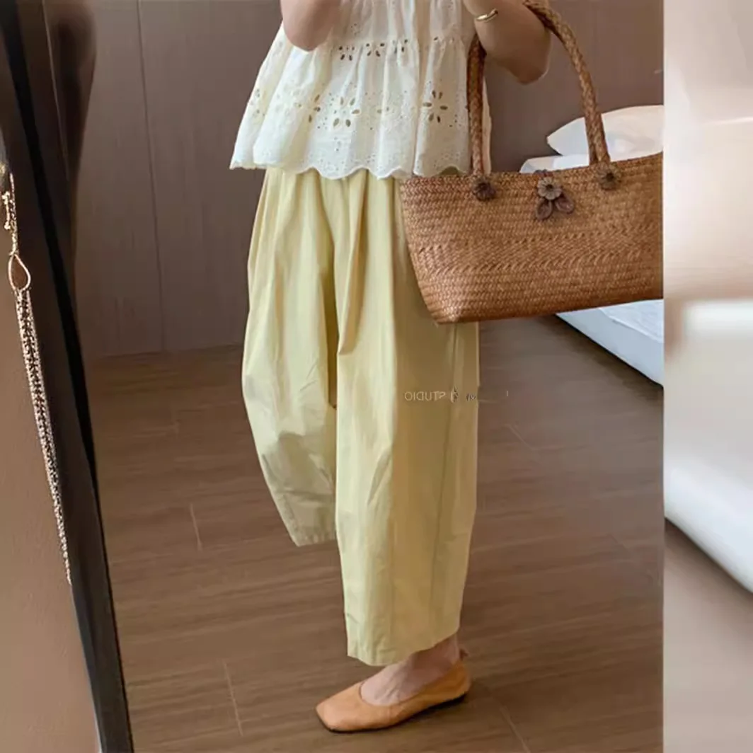 

Japanese Pressed Pleated Cotton Radish Wide Leg Pants Women Summer Thin Elastic Waist Loose Casual Straight Nine Pants Trousers