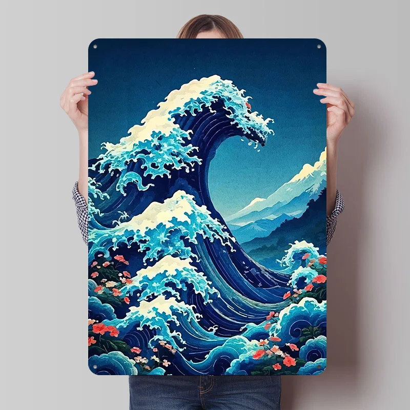 موجة عظيمة مع الزهور والجبال ملصق معدني جدار الفن من الجداريات علامات القصدير المعدنية القابلة للتخصيص لتزيين جدران الفن الرجعية