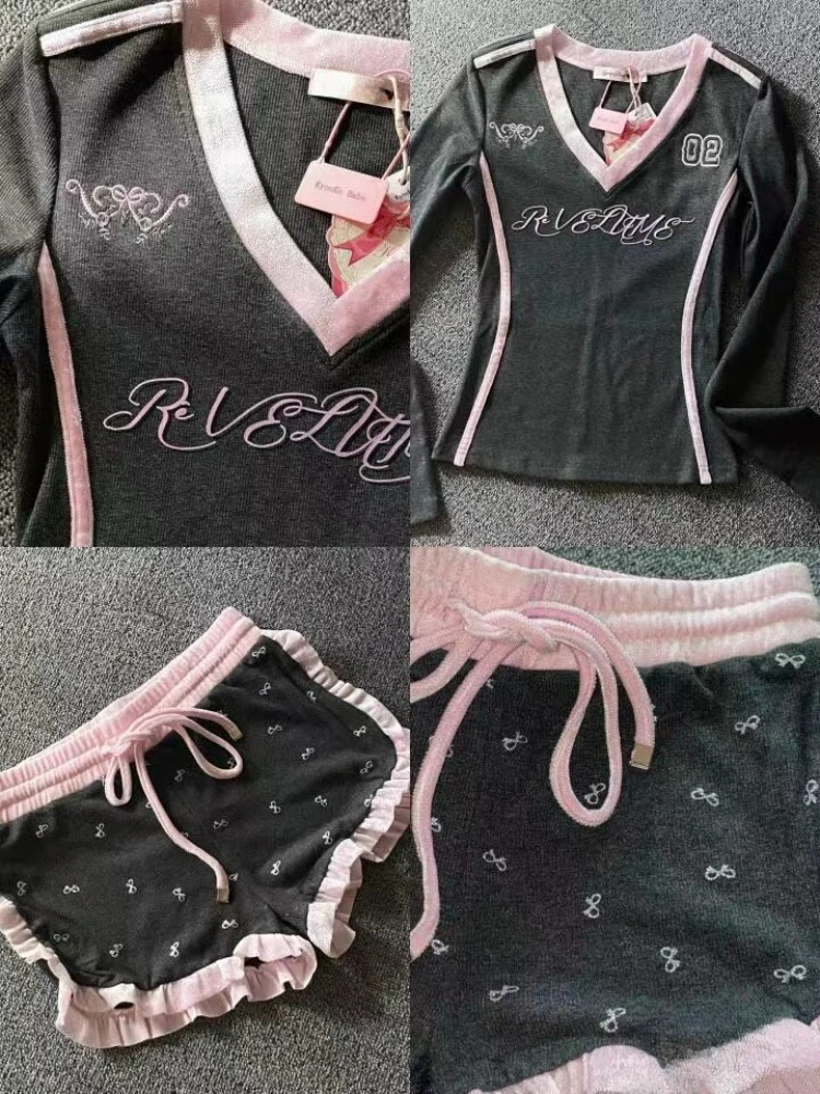 Amerikan Vintage Spice Girl 2 Parça Set Kadınlar Seksi V Yaka Uzun Kollu Ince Üstler + Y2k Yüksek Bel Şort Tatlı Sprots Takım Elbise 2024