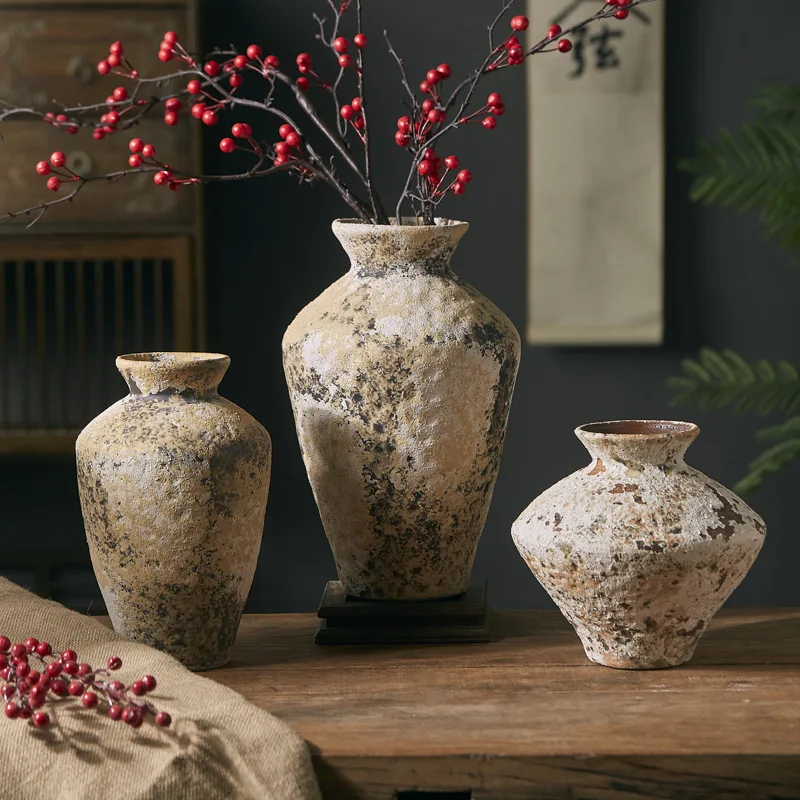Jingdezhen wabi-**** wind zen ornament large coarse pottery jar handmade flower arrangement B & B retro nostalgic ceramic vase