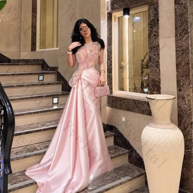 Customized Pink Satin Evening Gown Sleeveless Appliques Draped Bodice Sweep Train Formal Dress for Prom Wedding Guest Party