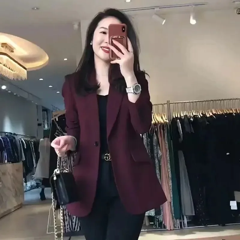 Fashion Professional Style Women's Bleizer Clothing 2026 Spring Autumn New Solid Color Suit Versatile Jacket Wine Red Suit Coat