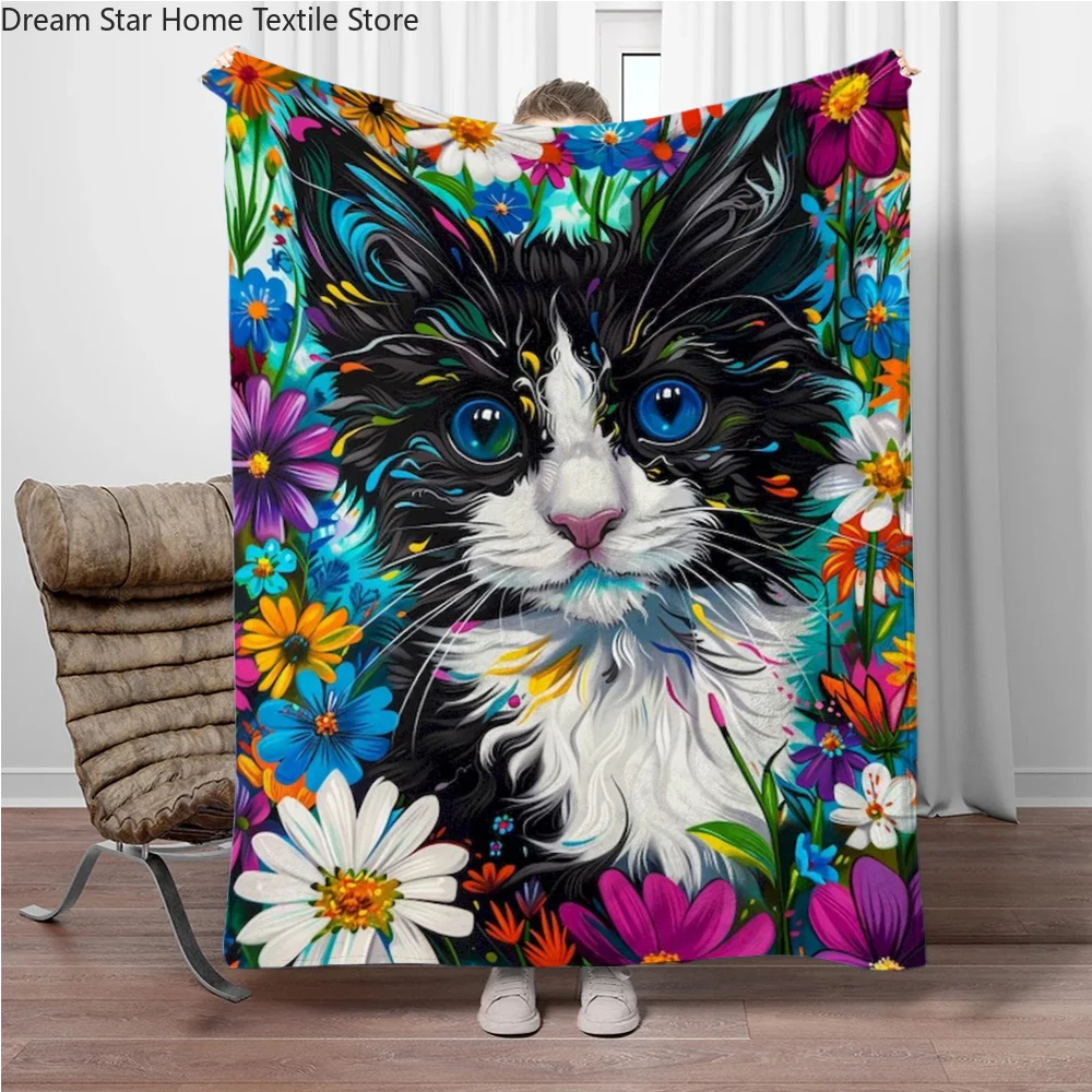 8 Size Colorful Cat Flannel Throw Blanket,Soft Throw Blanket for Home Bedroom Bed Sofa Picnic Travel Office Cover Child Gift