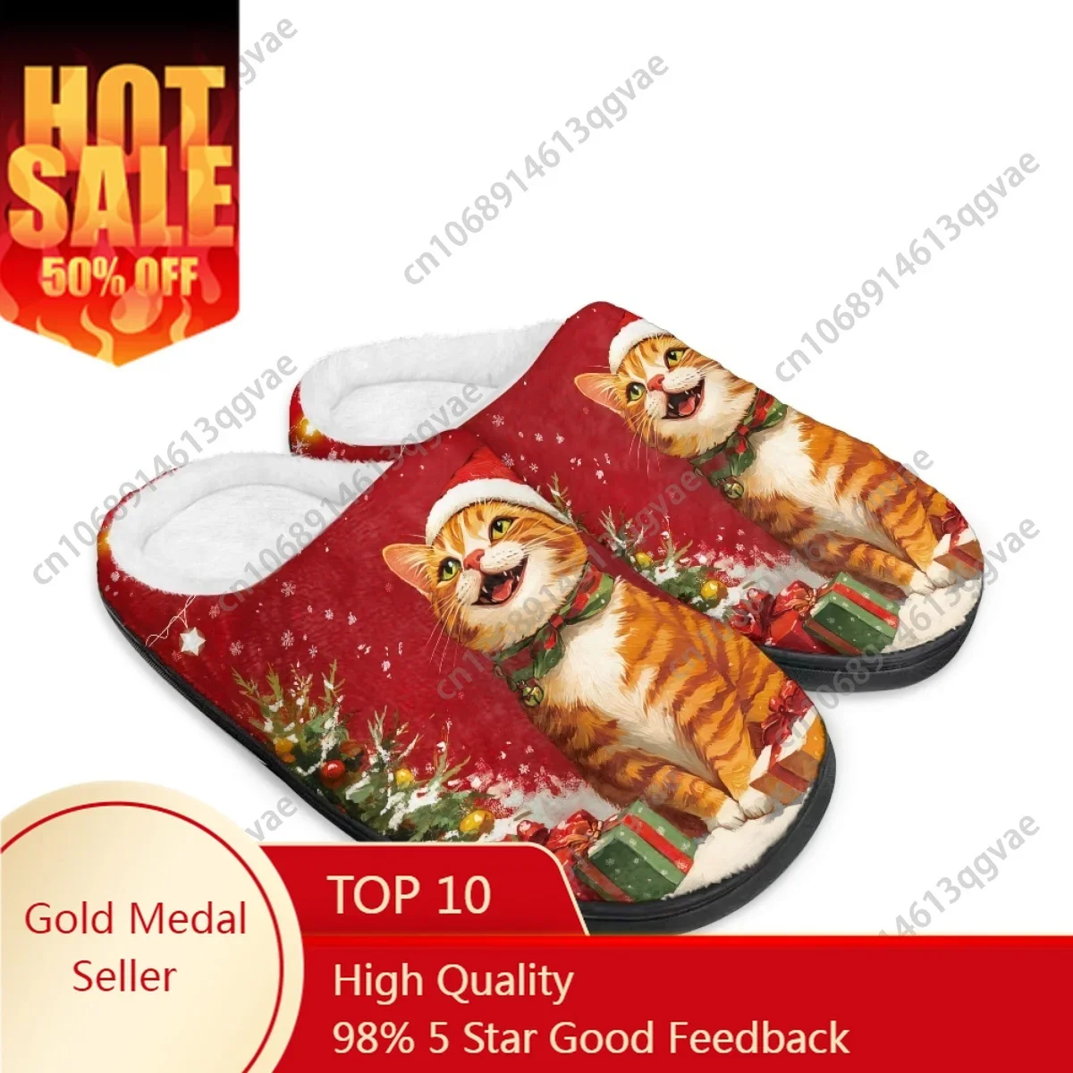 

Christmas Fat Orange Cat Eat Drink and Be Merry Home Cotton Slippers Mens Womens Teenager Plush Bedroom Keep Warm Custom Slipper