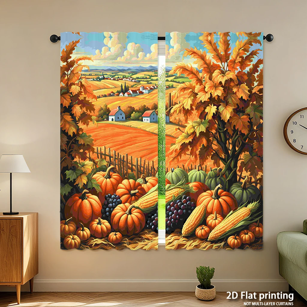 2-piece set of high-definition digital printed curtainsautumn landscape pumpkins corn grapes colorful rural sceneHome decoration