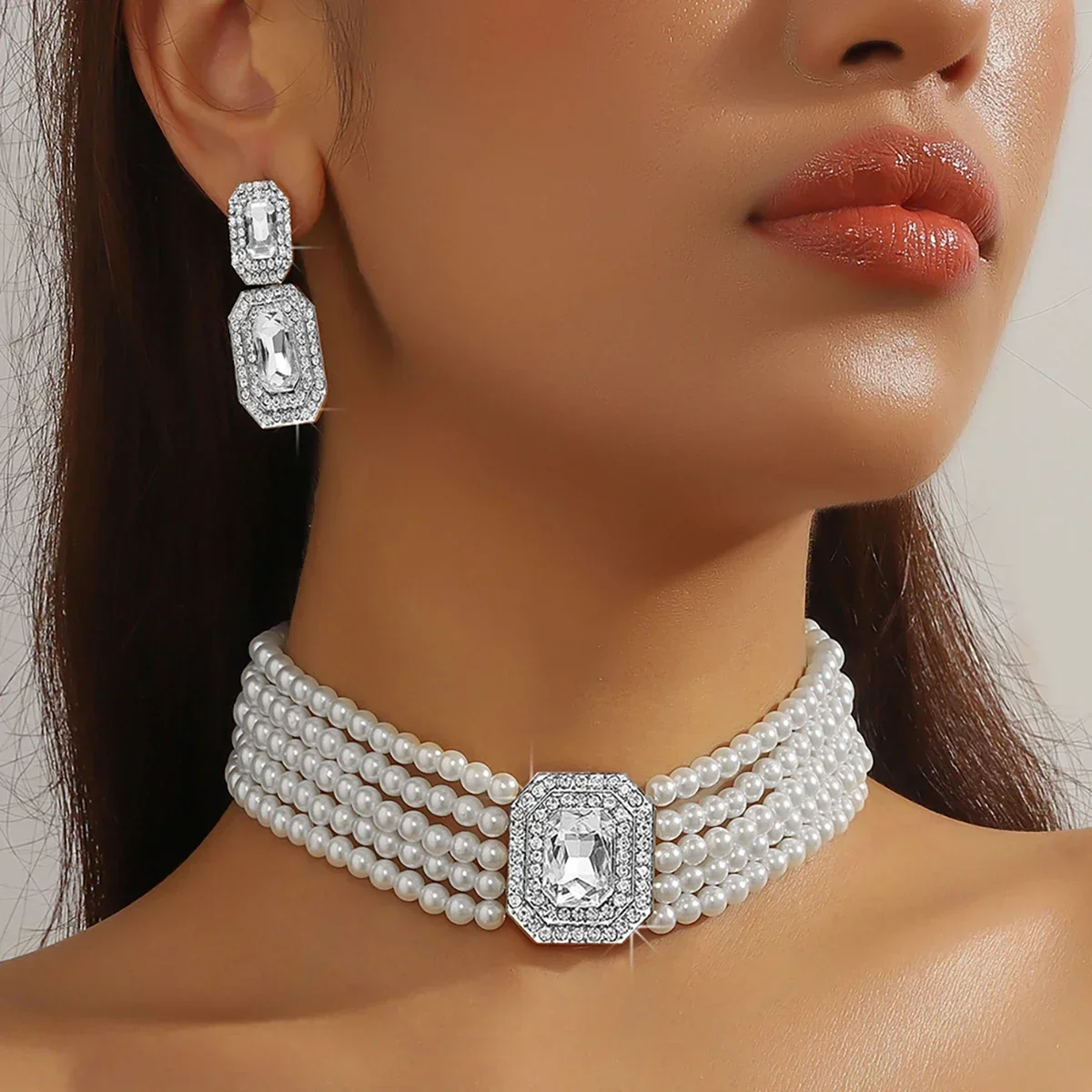 مجموعة أقراط مستطيلة من الأحجار الكريمة واللؤلؤ للنساء أقراط متدلية من اللؤلؤ متعددة الطبقات