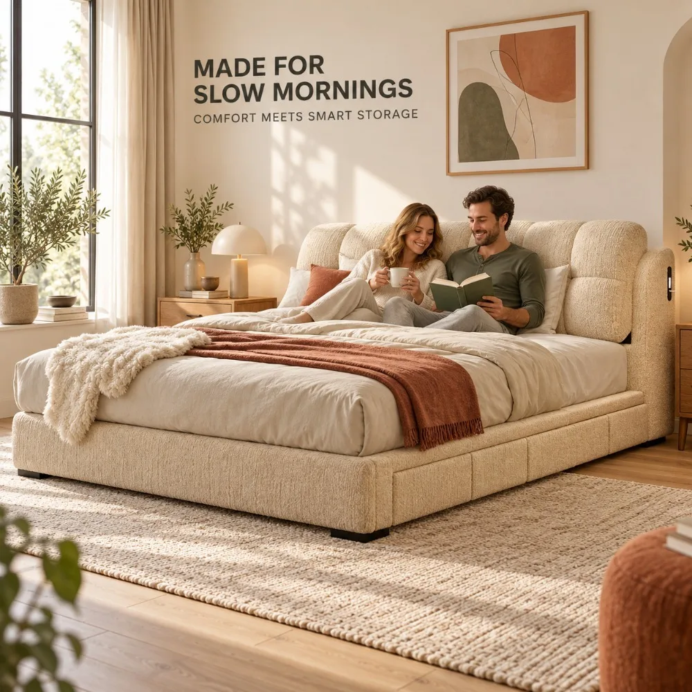 French Retro Chenille Puff‑Style Upholstered Double Bed, Adjustable Headboard High‑Box Storage Fabric Bed for Master Bedroom