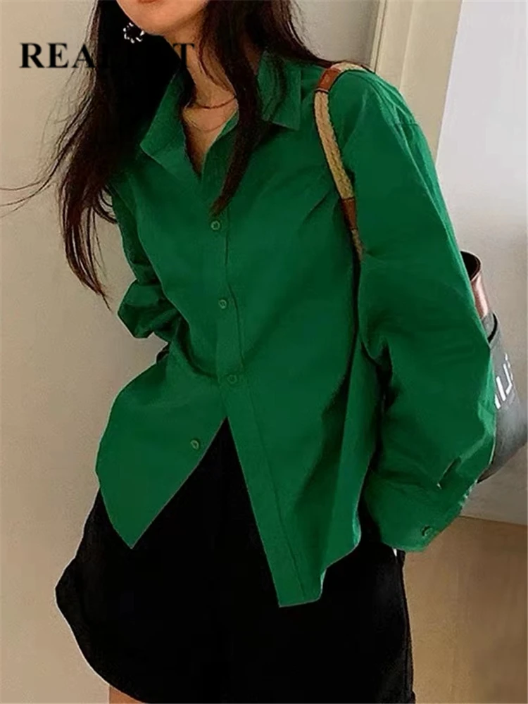 REALEFT 2023 New Cotton Women\'s Blouse Green Long Sleeve Button Tops Elegant Office Casual Loose Shirts Tops