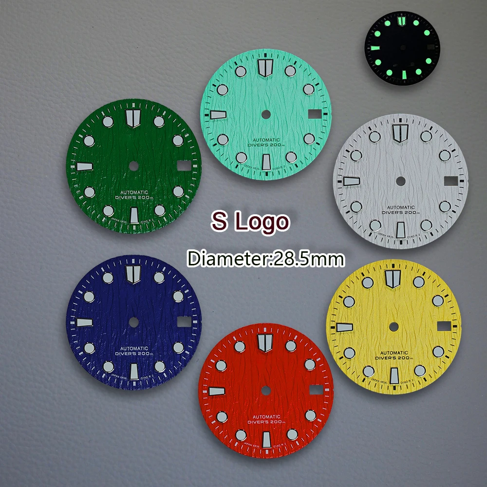 28.5mm S Logo Bark Dial Suitable For NH35/NH36/4R/7S Movement Green Luminous High Quality Watch Modification Accessories tools