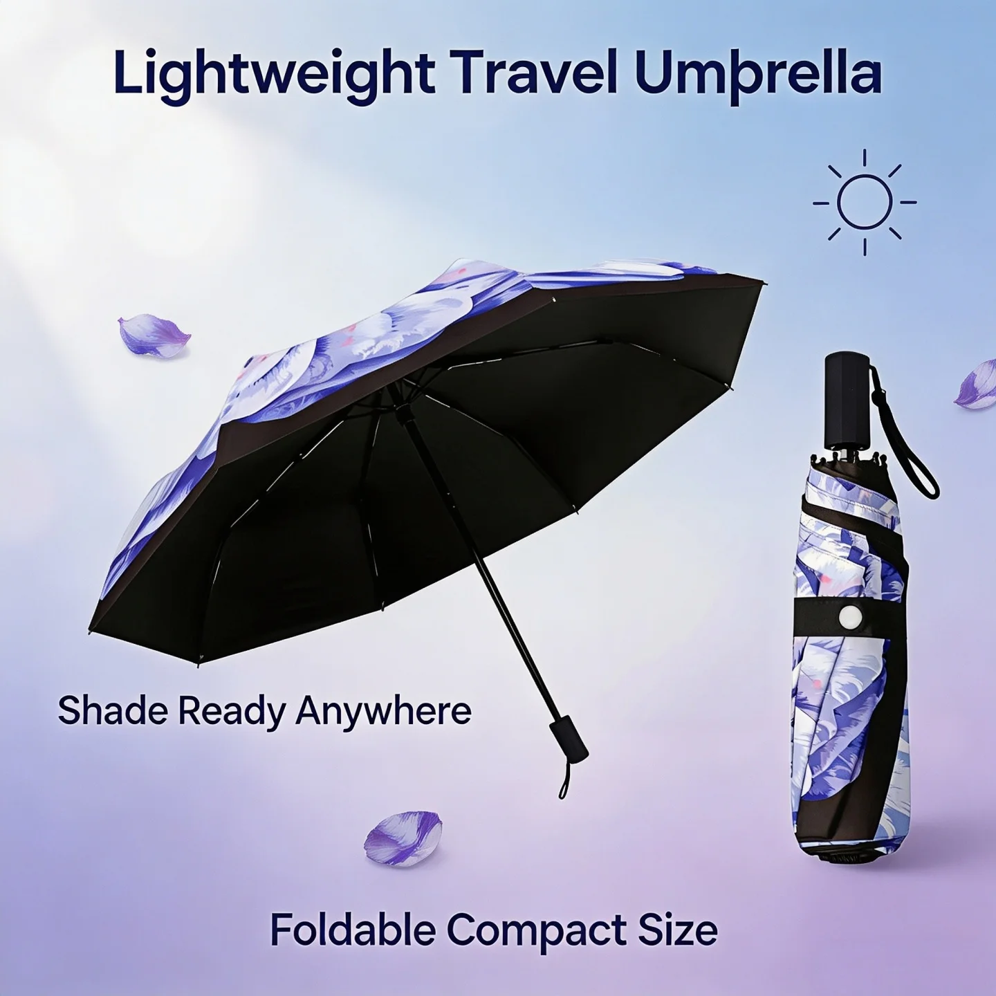 Purple Flower Folding Umbrella Windproof Waterproof Portable Compact Sunshade Business Gift for Birthday Holiday Party Presents