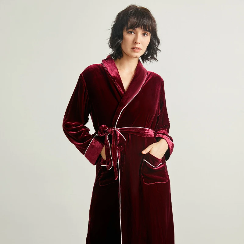 Winsleter, Base Yarn 19MM 100%Real Silk Velvet Night-robe, Women Long Sleeve Lace-up, Warm Pajamas Robe, Autumn Winter P49956CC