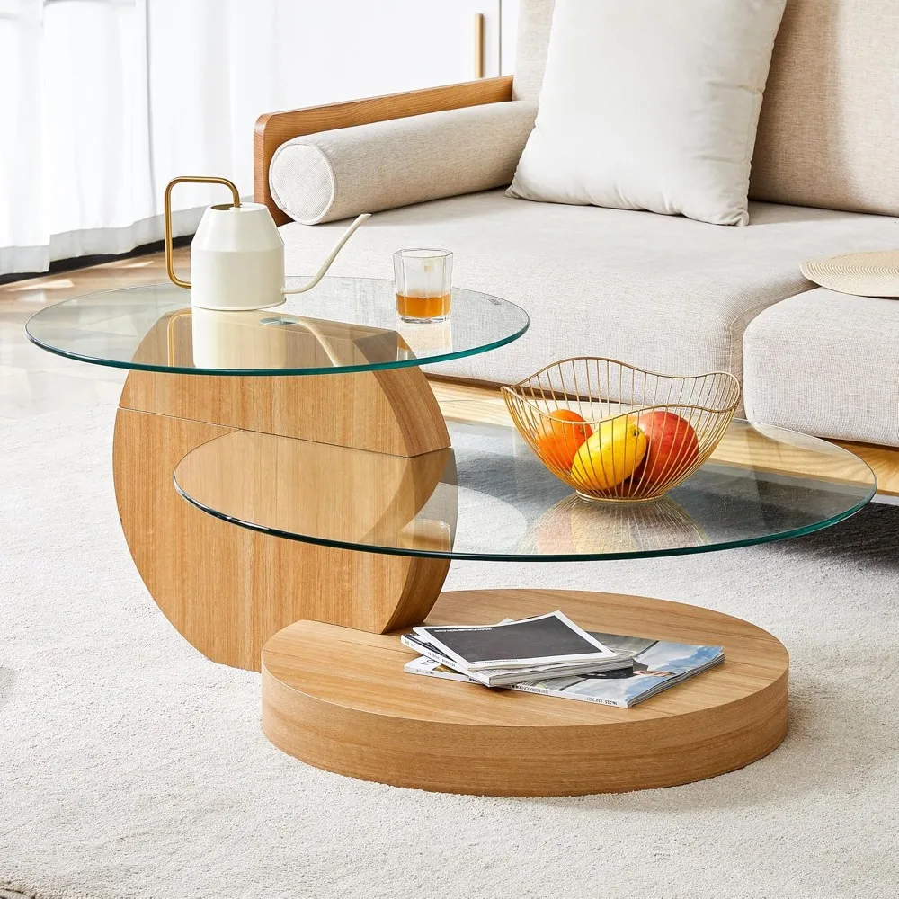 Coffee Tables for Living Room - Round Glass Coffee Table with Wooden Base Mid-Century Modern End Table 3-Tier Round Coffee Table