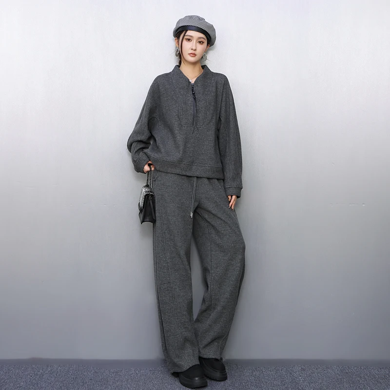 

SuperAen 2026 Winter New Women Loose Stand-up Collar Long-sleeved Tops Straight Wide-leg Pants Casual Fashion Two-piece Sets