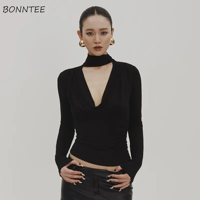 Long Sleeve V-neck Tshirts Women Hollow Out Slim Solid Spring Autumn Cropped Tops Simple Lace-up Tees Casual Cozy Harajuku Chic