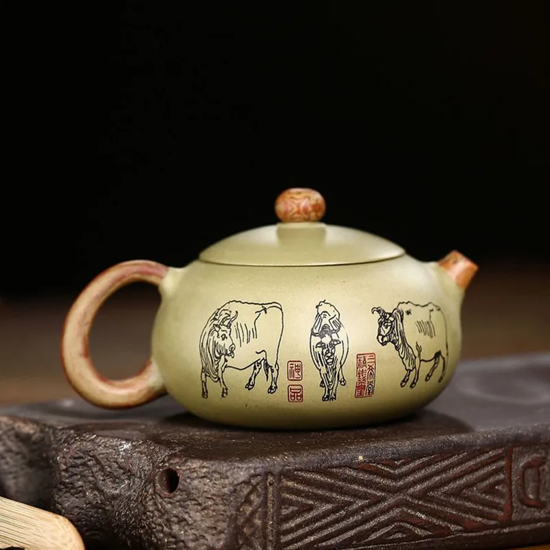 

250ml Chinese Yixing Purple Clay Teapots Raw Ore Bean Green Clay Filter Tea Pot Hand Painted Five Cow Xishi Kettle Home Teaware