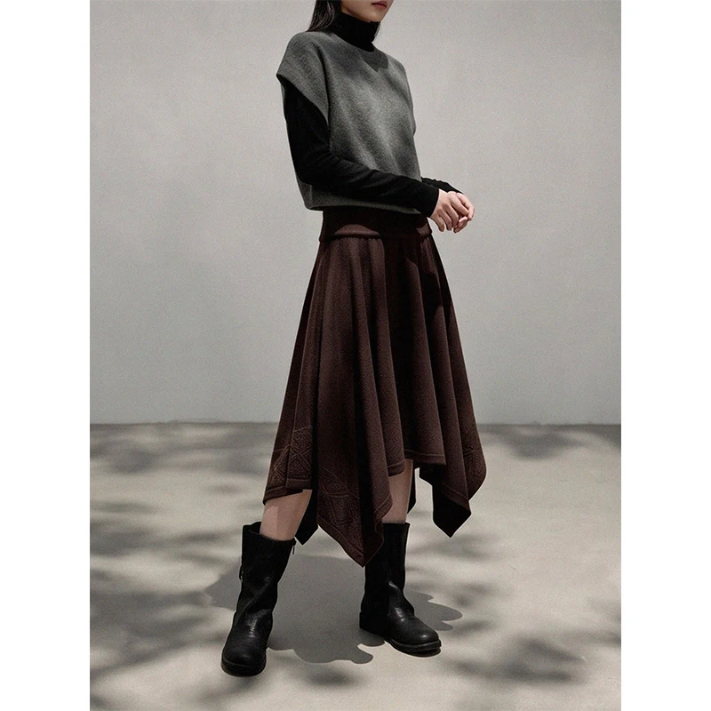 MEXZT Irregular Knitted Midi Skirt Women Vintage Asymmetrical Pleated Skirts Winter Ladies Elegant Korean Design A Line Faldas
