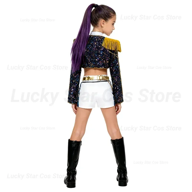 Kostum Cosplay Anak Perempuan Film Kpop Mira Print Demon Hunters Zoey Rumi Cosplay Karnaval Pakaian Pertunjukan Anak Perempuan Set Huntrix