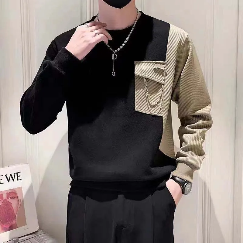 Sweatshirt Men's Autumn/Winter 2023 Ins Contrast Patchwork Bag Chain Trendy Man Ruffian Handsome Bottomed Long-sleeved Men's Top