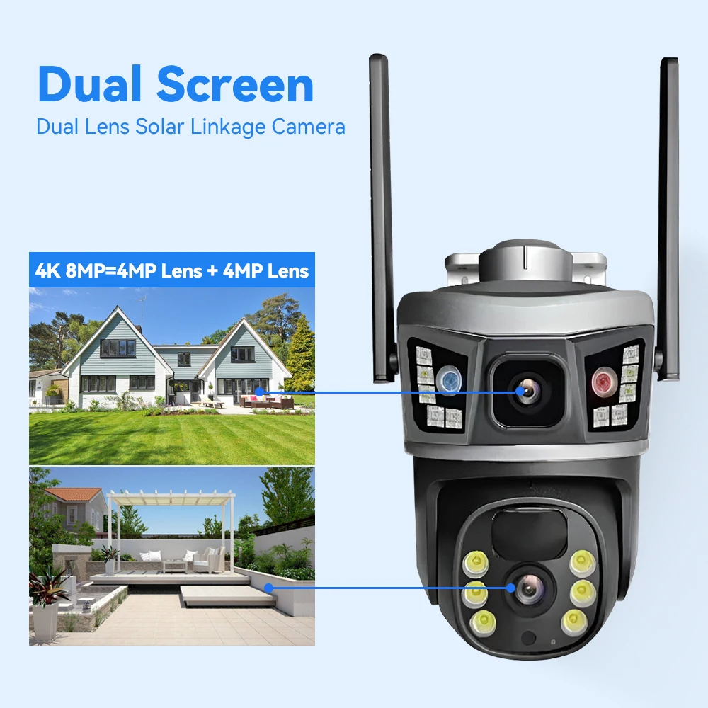 8MP Outdoor Monitoring Solar Camera 4G Dual Lens 4K Wireless WiFi PTZ Dual Screen Security Protection Automatic Tracking Camera