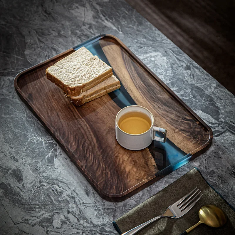 Black Walnut Resin Tea Tray Household Fruit Plate Solid Wood Small Table Wooden Rectangular Teaware Kitchen Dining Bar Home