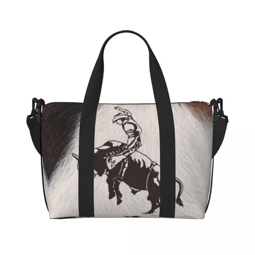 여성용 맞춤형 웨스턴 카우보이 로데오 황소 라이딩 소가죽 토트백, 대용량 암소 질감 해변 체육관 여행 가방 