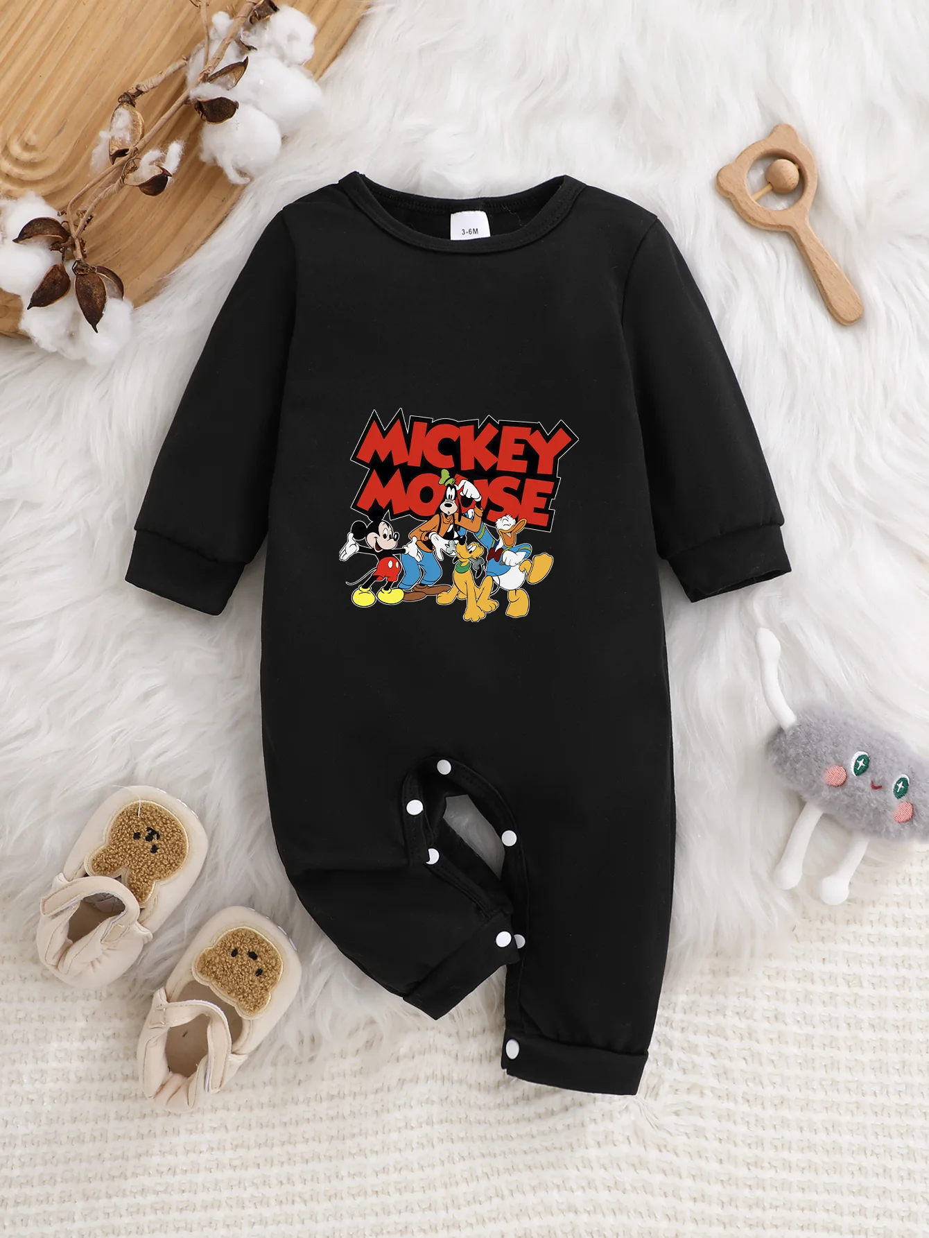 【Em licence officielle】 Barboteuse pour bébé Disney Mickey & Pals |   Barboteuse à manches longues en tissu confortable à motif « Mickey Mouse »