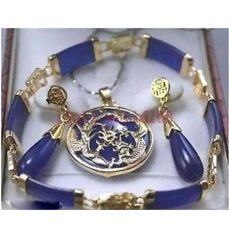

Beautiful purple jade Dragon Pendant Necklace Earrings Bracelet Set Fashion Wedding Party Jewellery