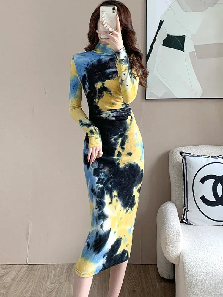 Automne imprimé plissé moulante robes de soirée et événements femmes coréen Vintage élégant robe de nuit 2025 robes de marque internationale