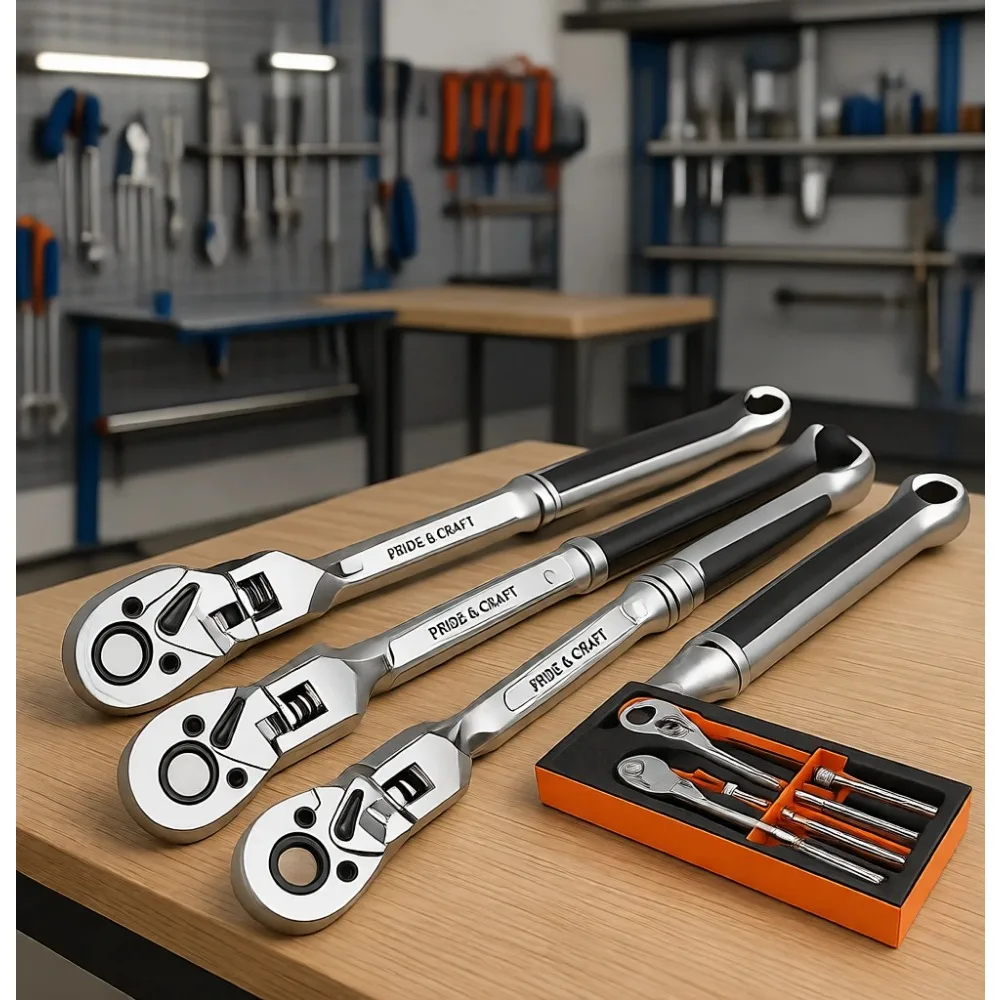 

3 Piece Flex Head Ratchet Wrench Set 72 Tooth Quick Release Reversible Chrome Alloy with EVA Organizer