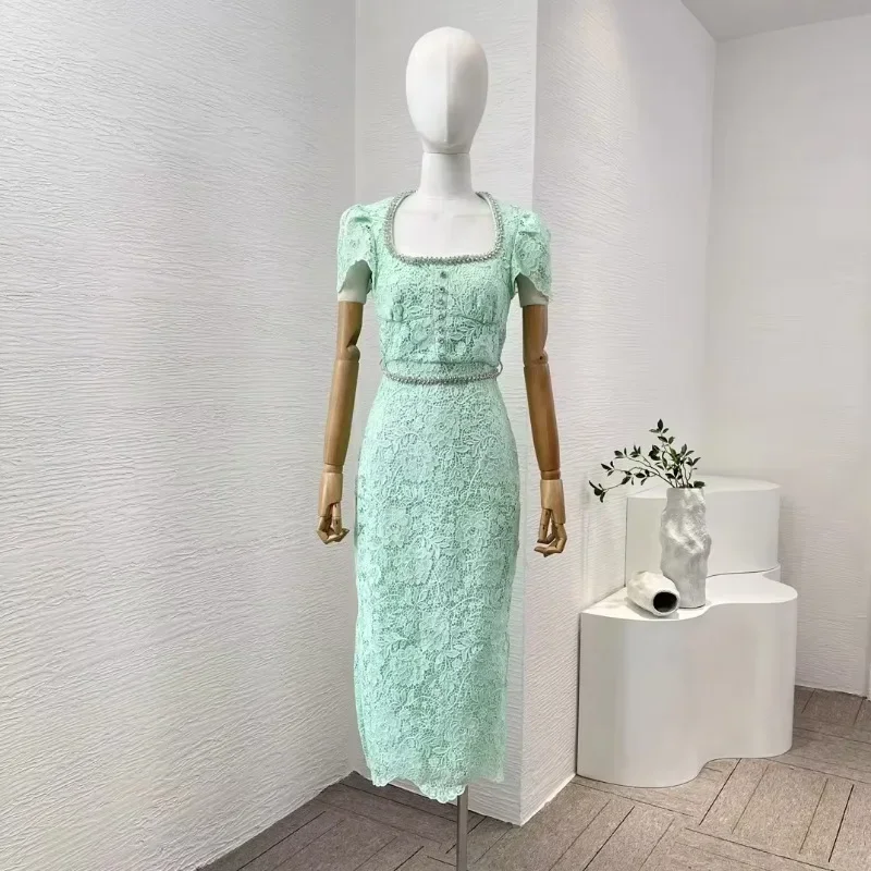 Summer 2024 New Women Midi Dress Mint Green Short Sleeve Lace Patchwork Square Neck Diamond Chain Decoration Slim Fit Party Gift