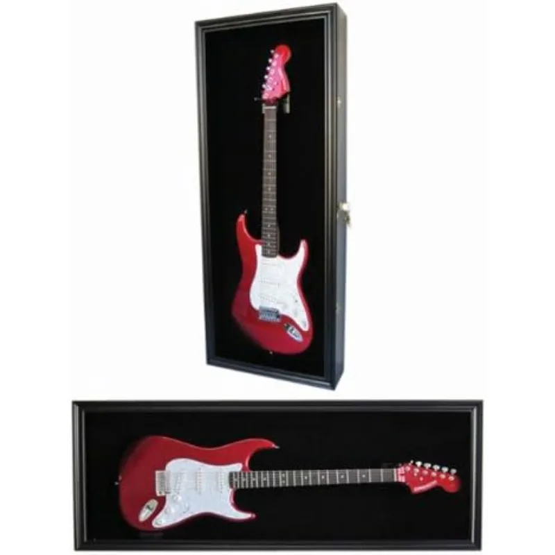 

42" Electric Guitar Display Case Cabinet Shadow Box with Guitar Hanger Stand, Lockable UV Protection Black Felt Interior