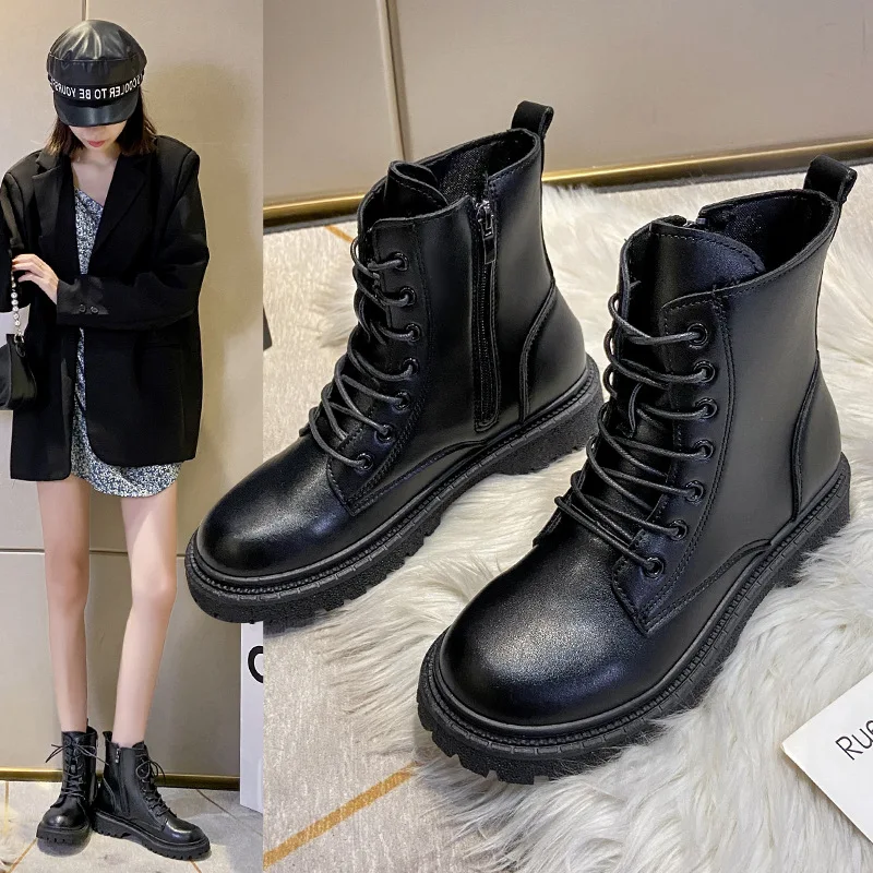 

British Style Leather Boots for Women Thick-Soled Lace-Up Short Boots Side Zipper Chunky Heel Versatile Motorcycle Boots