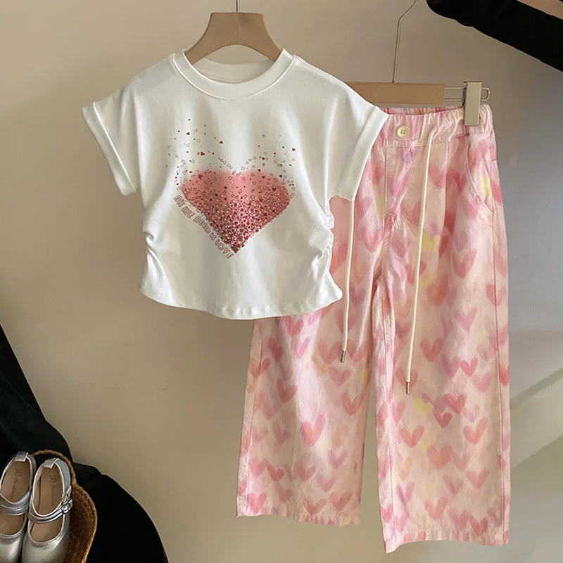 Korean Version of Sweet and Caring Short Sleeved T-shirt for Girls 2024 Summer New Love Printed Pants Set